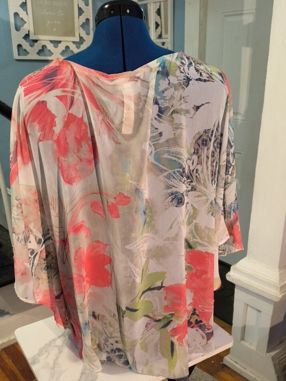 Chico's Watercolor Floral Scoop Neck Tunic - Coral, Green, Blue - Picture 4 of 9